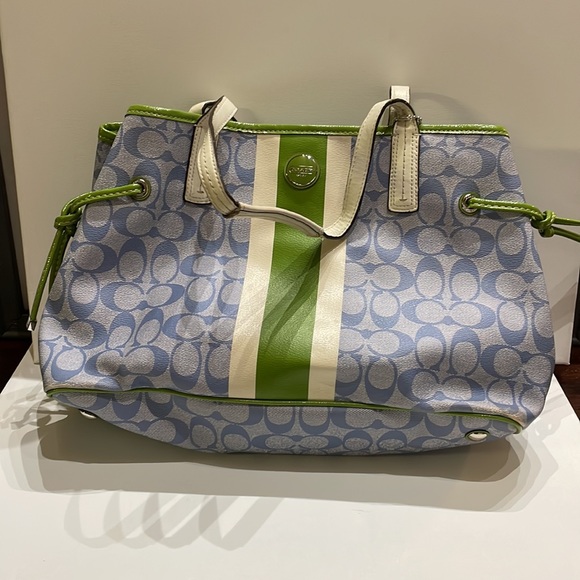 COACH SIGNATURE STRIPE PVC STRIPE CARRYALL Style F22908 Sv Light blue Green - Picture 3 of 12